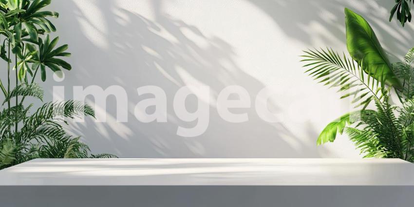 A Verdant Oasis: Sunlight Dappling through Lush Foliage, Casting Shadows on a Serene Wall