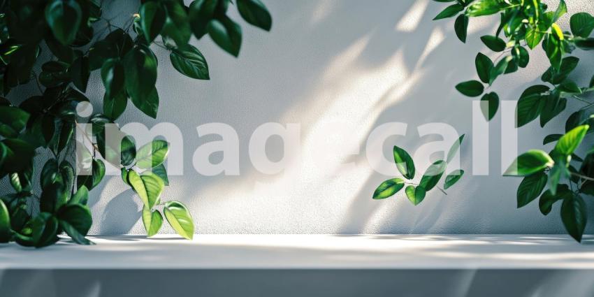 A Verdant Oasis: Sunlight Dappling through Lush Foliage, Casting Shadows on a Serene Wall