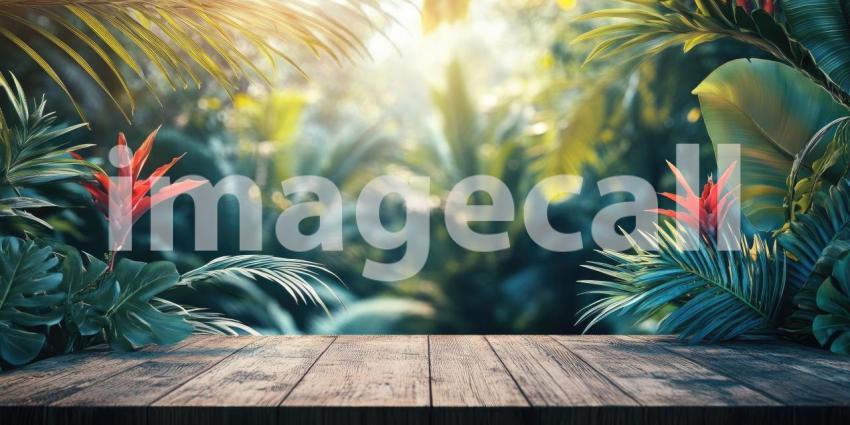 A Sun-Dappled Paradise: A Wooden Deck Overlooks a Lush Tropical Landscape, Framed by Vibrant Blooms and Lush Foliage