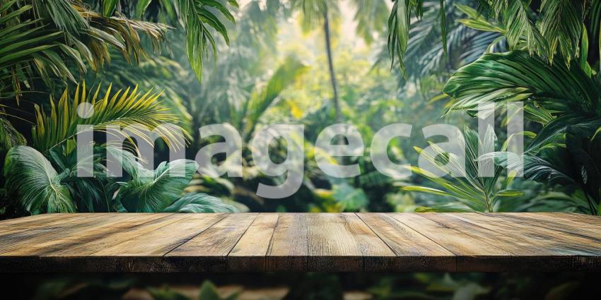 A Sun-Dappled Paradise: A Wooden Deck Overlooks a Lush Tropical Landscape, Framed by Vibrant Blooms and Lush Foliage