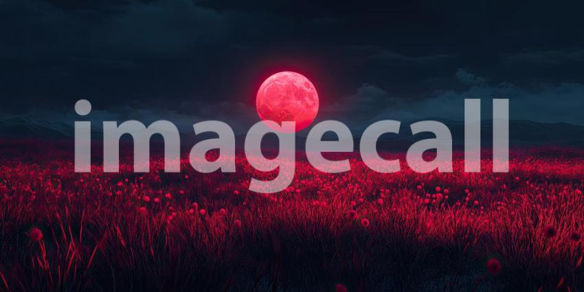 Moon Rising: A Crimson Moon Bathes a Field of Tall Grass in an Eerie Glow
