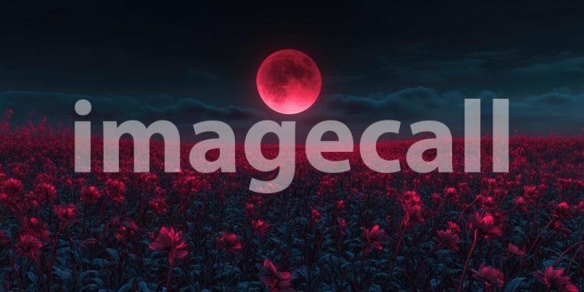 Moon Rising: A Crimson Moon Bathes a Field of Tall Grass in an Eerie Glow