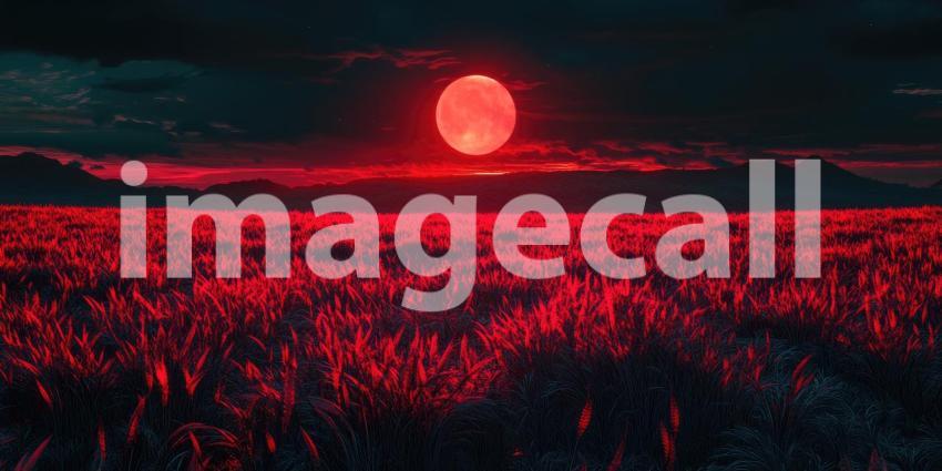 Moon Rising: A Crimson Moon Bathes a Field of Tall Grass in an Eerie Glow