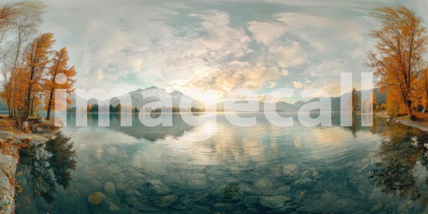 A Still Lake Reflects Majestic Mountains Cloaked in Mist, as Autumn Leaves Paint the Forested Shoreline in Golden Hues