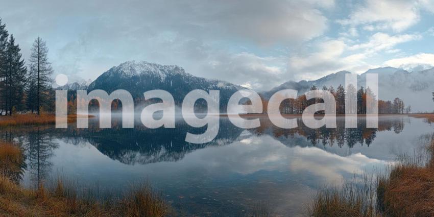 A Still Lake Reflects Majestic Mountains Cloaked in Mist, as Autumn Leaves Paint the Forested Shoreline in Golden Hues