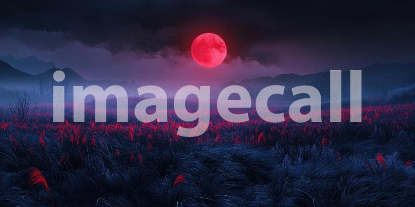 Moon Rising: A Crimson Moon Bathes a Field of Tall Grass in an Eerie Glow