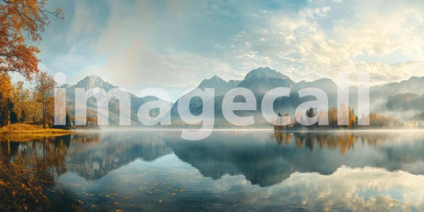 A Still Lake Reflects Majestic Mountains Cloaked in Mist, as Autumn Leaves Paint the Forested Shoreline in Golden Hues