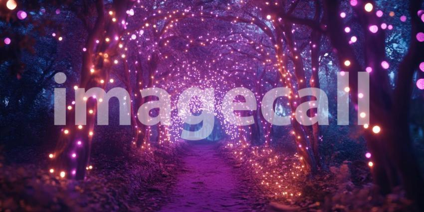 A Path of Enchantment: A Magical Forest Illuminated with a Dazzling Display of Purple and Pink Lights
