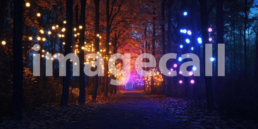 A Path of Enchantment: A Magical Forest Illuminated with a Dazzling Display of Purple and Pink Lights