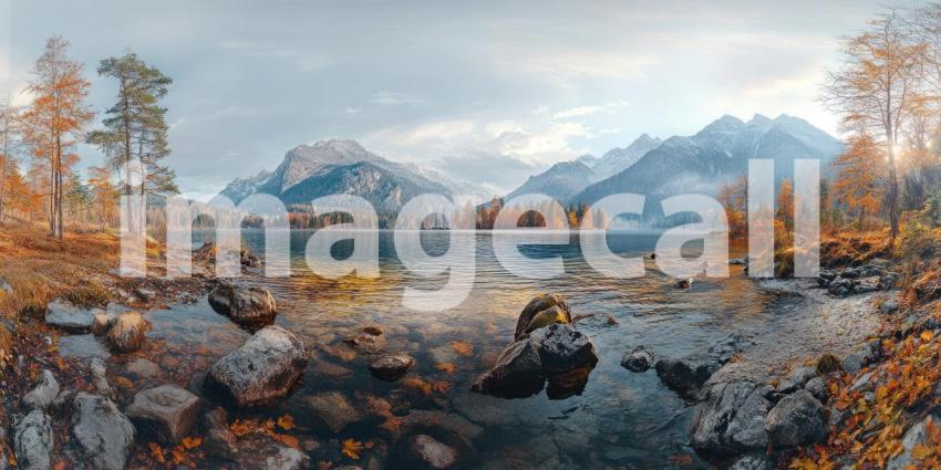 A Still Lake Reflects Majestic Mountains Cloaked in Mist, as Autumn Leaves Paint the Forested Shoreline in Golden Hues