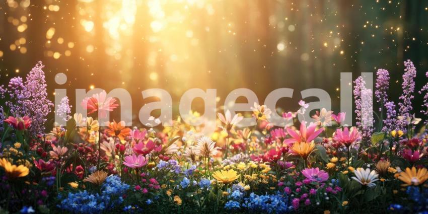 A Vibrant Symphony of Blooms: A Field of Flowers Basking in the Warm Glow of Sunset