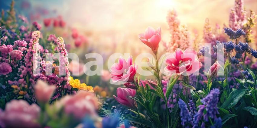A Vibrant Symphony of Blooms: A Field of Flowers Basking in the Warm Glow of Sunset