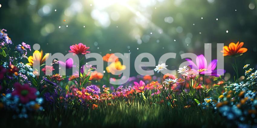 A Vibrant Symphony of Blooms: A Field of Flowers Basking in the Warm Glow of Sunset