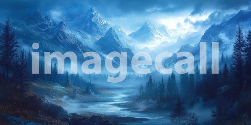 A Misty Enchantment: A River Winds Through a Verdant Valley, Mist Cloaking the Mountains in an Air of Mystery