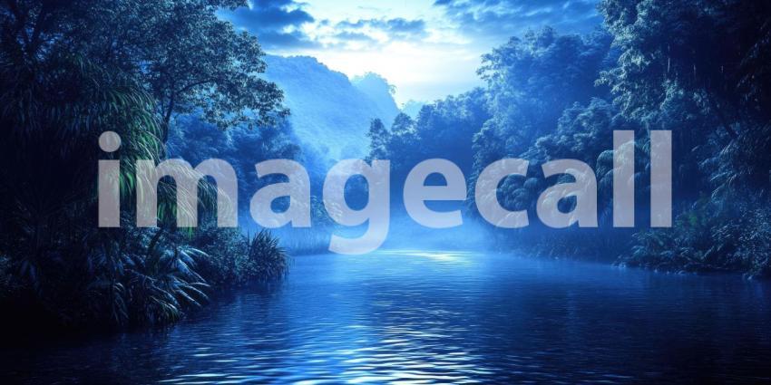 A Misty Enchantment: A River Winds Through a Verdant Valley, Mist Cloaking the Mountains in an Air of Mystery