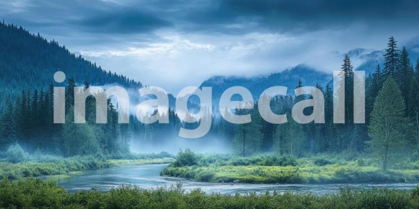 A Misty Enchantment: A River Winds Through a Verdant Valley, Mist Cloaking the Mountains in an Air of Mystery
