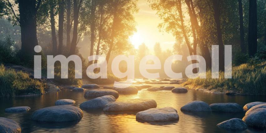Serene Sunset on the Riverbank: A Tranquil Scene with Smooth Stones and a Golden Sky