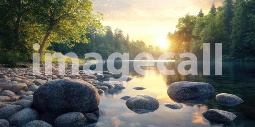Serene Sunset on the Riverbank: A Tranquil Scene with Smooth Stones and a Golden Sky