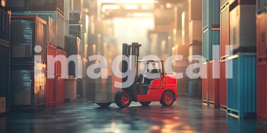 A Day's Work: A Forklift Driver Navigates Through a Maze of Shipping Containers in a Busy Warehouse