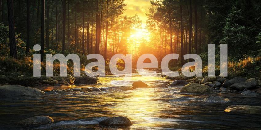 Serene Sunset on the Riverbank: A Tranquil Scene with Smooth Stones and a Golden Sky