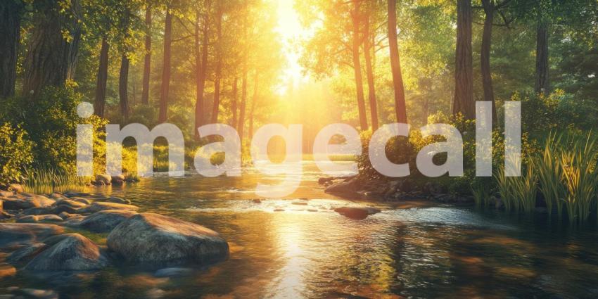 Serene Sunset on the Riverbank: A Tranquil Scene with Smooth Stones and a Golden Sky