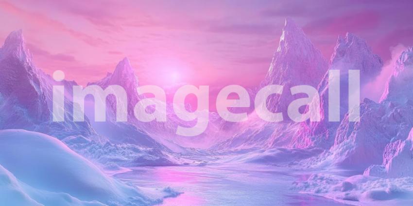 A River Winds Through a Valley of Snow-Capped Mountains Bathed in a Dreamy Pink Light