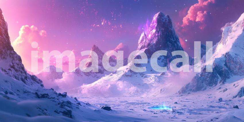 A River Winds Through a Valley of Snow-Capped Mountains Bathed in a Dreamy Pink Light