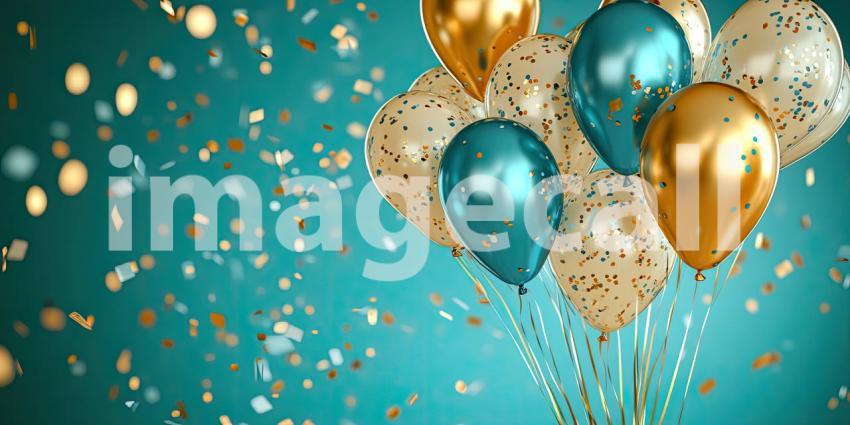 A Celebration in the Air: A Cluster of Metallic Balloons Soars Against a Teal Sky, Surrounded by Falling Confetti