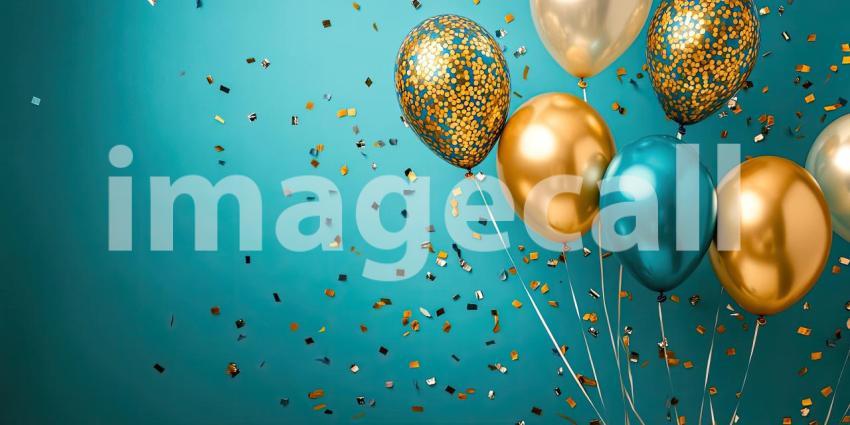 A Celebration in the Air: A Cluster of Metallic Balloons Soars Against a Teal Sky, Surrounded by Falling Confetti