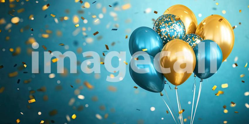 A Celebration in the Air: A Cluster of Metallic Balloons Soars Against a Teal Sky, Surrounded by Falling Confetti