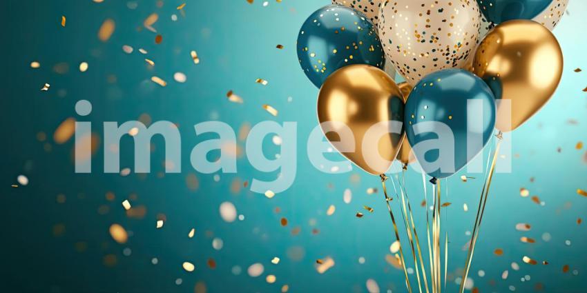 A Celebration in the Air: A Cluster of Metallic Balloons Soars Against a Teal Sky, Surrounded by Falling Confetti