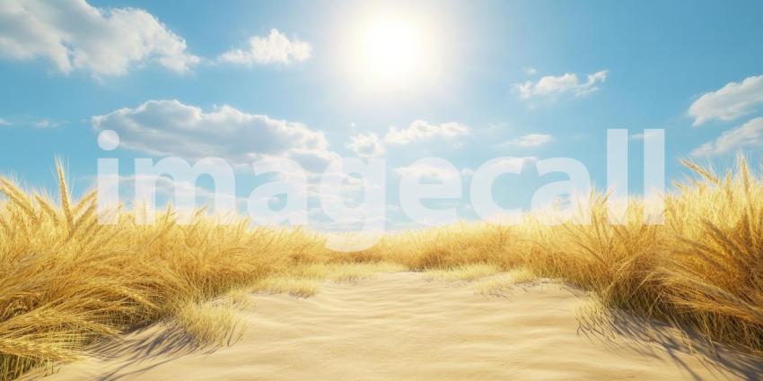 Golden Expanse: A Vast Field of Dry Grass Stretches Towards a Horizon Bathed in Sunlight