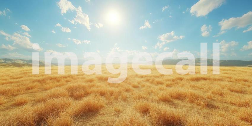 Golden Expanse: A Vast Field of Dry Grass Stretches Towards a Horizon Bathed in Sunlight