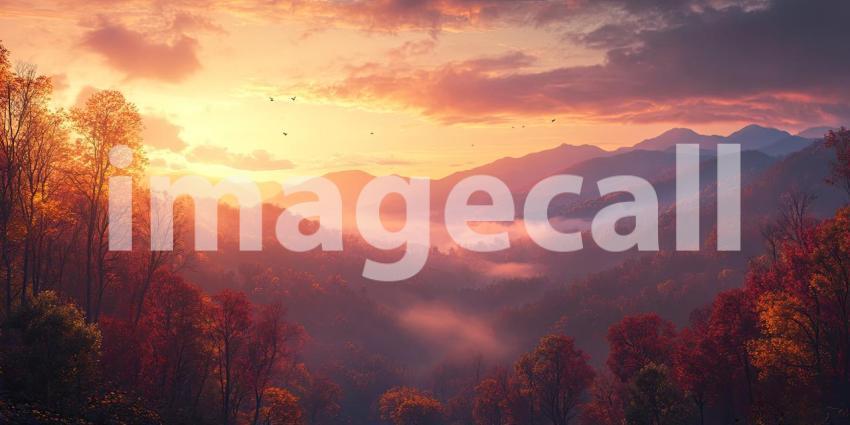 A Golden Dawn Illuminates a Misty Valley, Painting the Autumn Foliage in Warm Hues