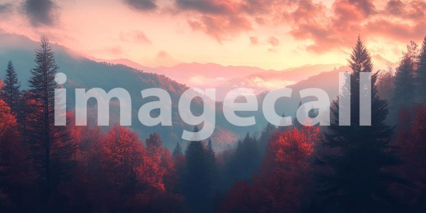 A Golden Dawn Illuminates a Misty Valley, Painting the Autumn Foliage in Warm Hues