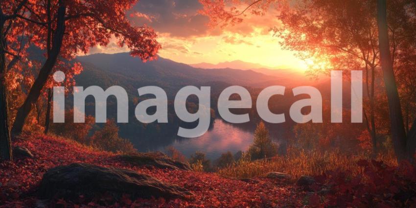 A Golden Dawn Illuminates a Misty Valley, Painting the Autumn Foliage in Warm Hues