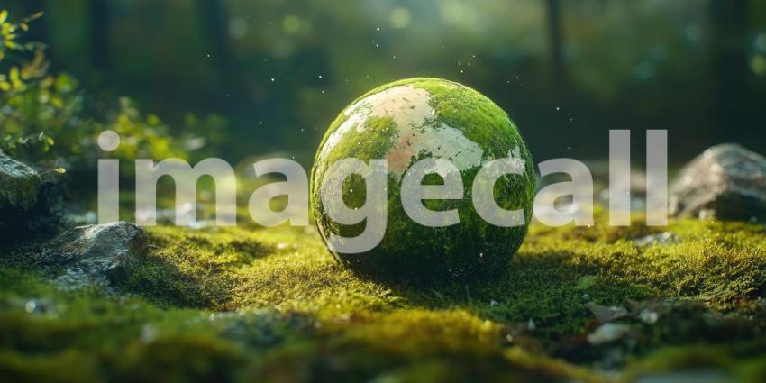 Mossy Orb: A Spherical Object Covered in Lush Green Moss Rests on a Bed of Mossy Ground