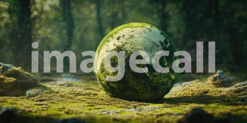 Mossy Orb: A Spherical Object Covered in Lush Green Moss Rests on a Bed of Mossy Ground