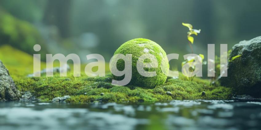 Mossy Orb: A Spherical Object Covered in Lush Green Moss Rests on a Bed of Mossy Ground