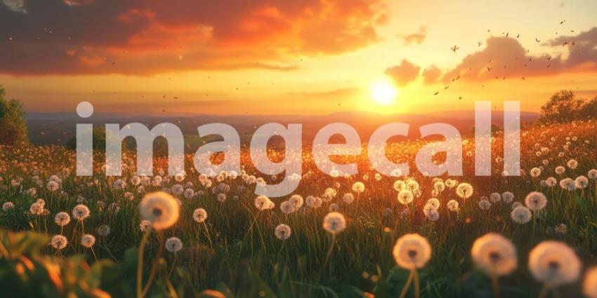 A Field of Dreams: A Breathtaking Sunset Bathes a Meadow of Dandelions in a Golden Glow, as Birds Take Flight