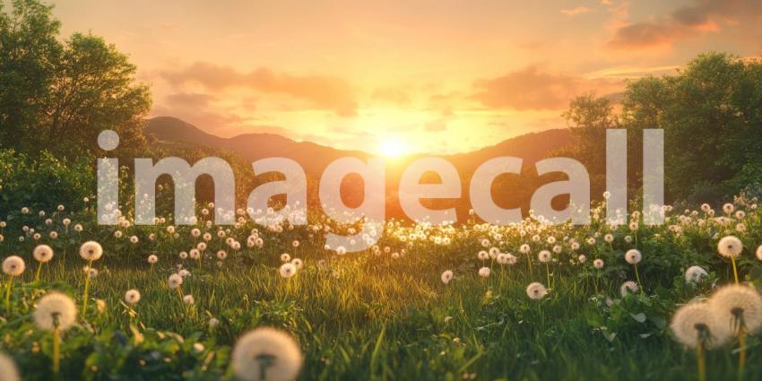 A Field of Dreams: A Breathtaking Sunset Bathes a Meadow of Dandelions in a Golden Glow, as Birds Take Flight