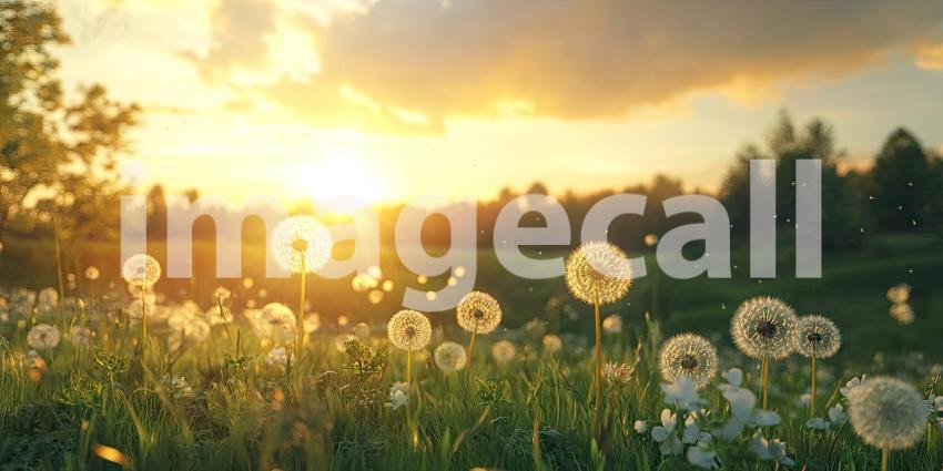 A Field of Dreams: A Breathtaking Sunset Bathes a Meadow of Dandelions in a Golden Glow, as Birds Take Flight