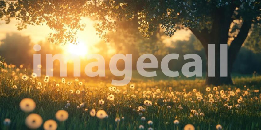 A Field of Dreams: A Breathtaking Sunset Bathes a Meadow of Dandelions in a Golden Glow, as Birds Take Flight