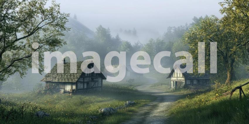 A Misty Morning in the Village: A Path Winds Through a Fog-Shrouded Hamlet, Where Quaint Cottages Nestled Amongst the Trees