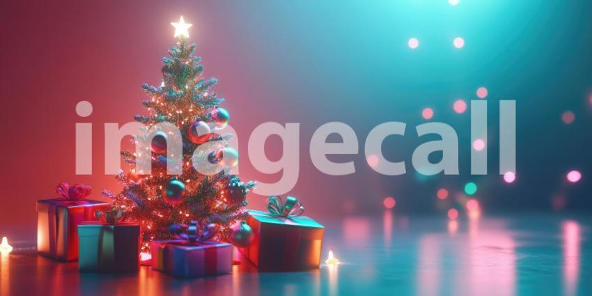 A Neon Christmas: A Decorated Christmas Tree Gleams with Colorful Lights, Surrounded by Wrapped Gifts in a Dreamy, Neon-Lit Setting