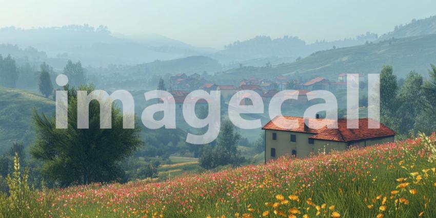 A Misty Morning in the Village: A Path Winds Through a Fog-Shrouded Hamlet, Where Quaint Cottages Nestled Amongst the Trees
