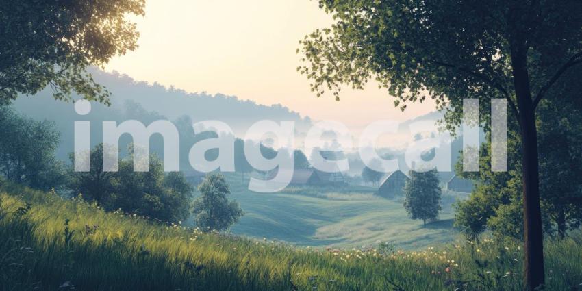 A Misty Morning in the Village: A Path Winds Through a Fog-Shrouded Hamlet, Where Quaint Cottages Nestled Amongst the Trees