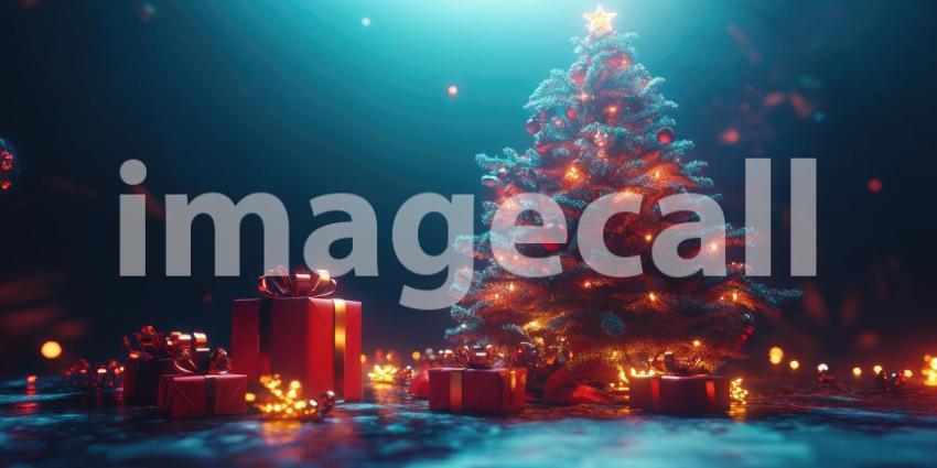 A Neon Christmas: A Decorated Christmas Tree Gleams with Colorful Lights, Surrounded by Wrapped Gifts in a Dreamy, Neon-Lit Setting