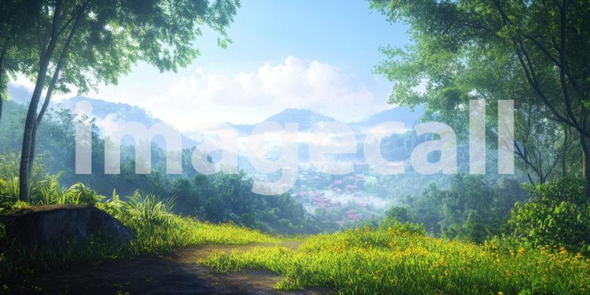 A Misty Morning in the Village: A Path Winds Through a Fog-Shrouded Hamlet, Where Quaint Cottages Nestled Amongst the Trees