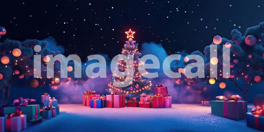 A Neon Christmas: A Decorated Christmas Tree Gleams with Colorful Lights, Surrounded by Wrapped Gifts in a Dreamy, Neon-Lit Setting